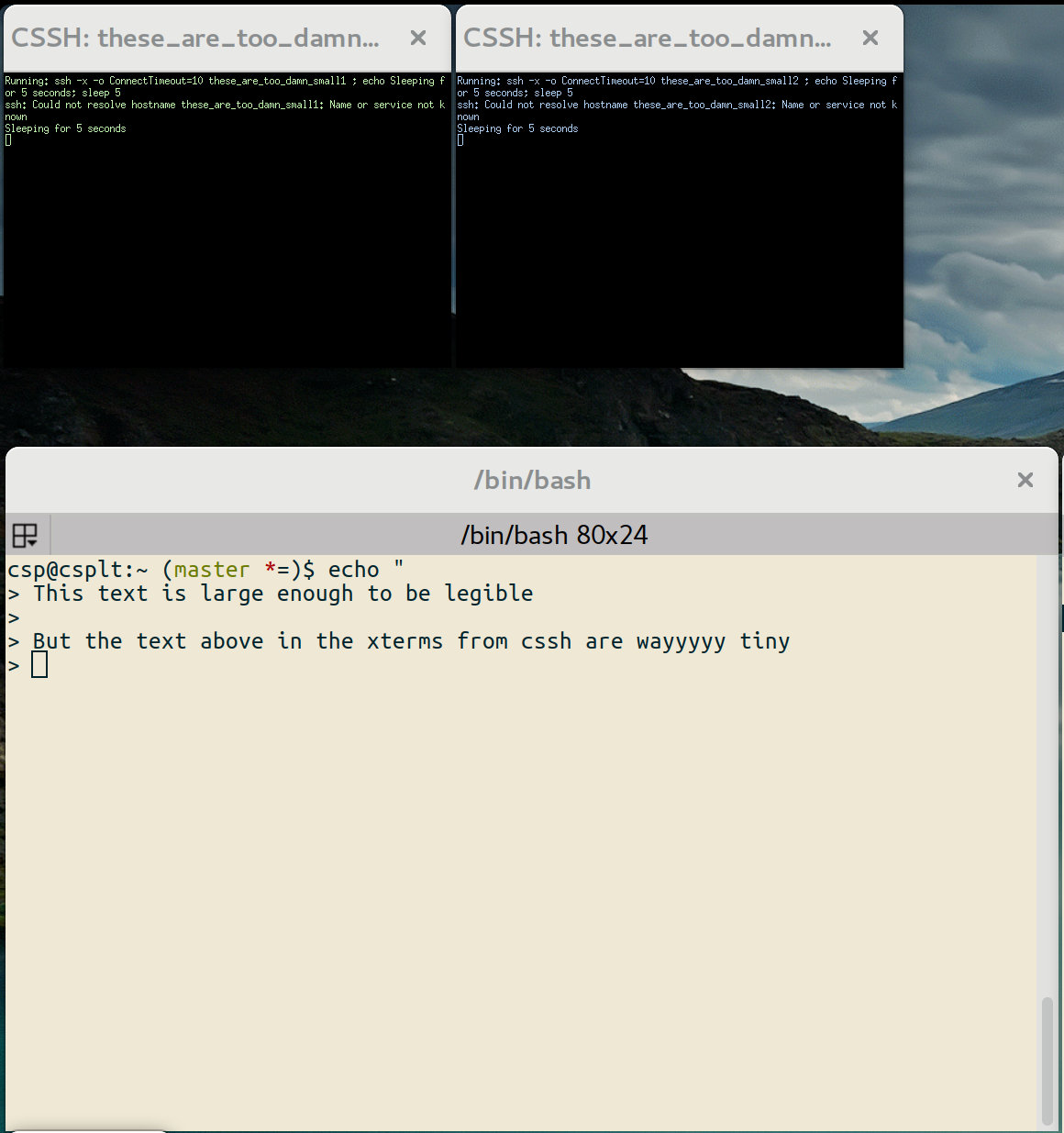 Screenshot of cssh using tiny bitmapped fonts