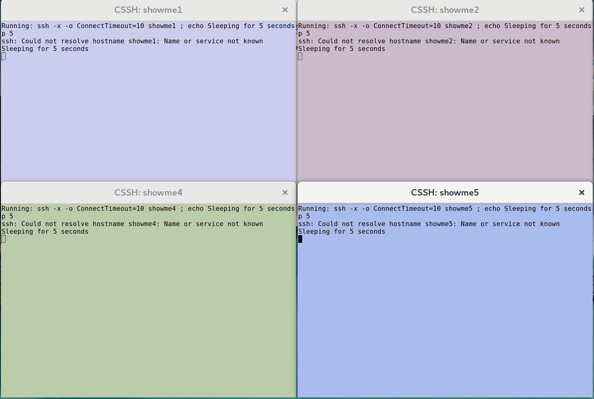 Screenshot of cssh using xterm with light/colored terminals at a legible size